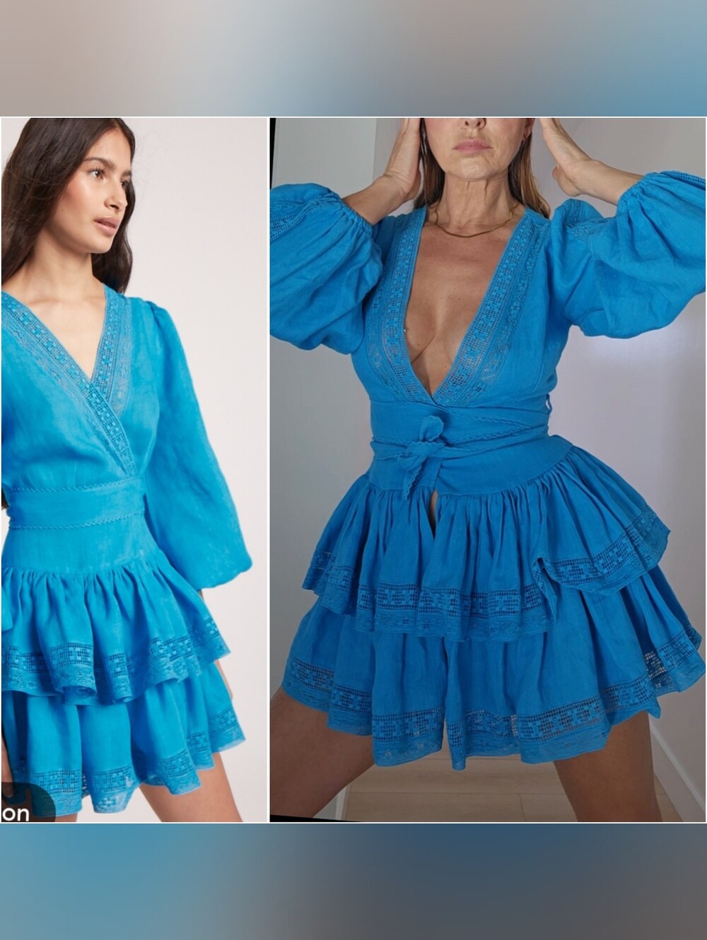 Maia Bergman Yoox Corscican Blue 100% Linen Wrap Tiered Ruffle Plunging Dress Xs